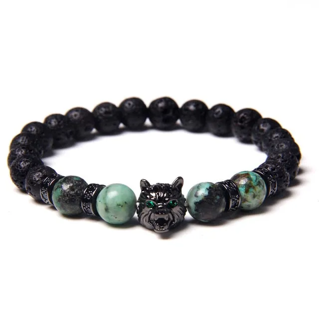 New Handmade 8mm Beaded Bracelet Men Natural Stone Blue Tiger Eye Beads Bracelet Black Wolf Head Charm Energy Bracelet Jewelry