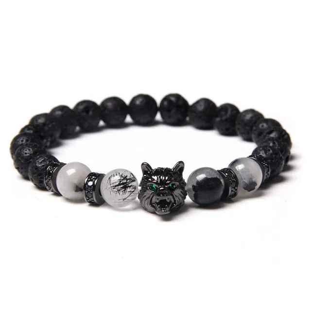 New Handmade 8mm Beaded Bracelet Men Natural Stone Blue Tiger Eye Beads Bracelet Black Wolf Head Charm Energy Bracelet Jewelry