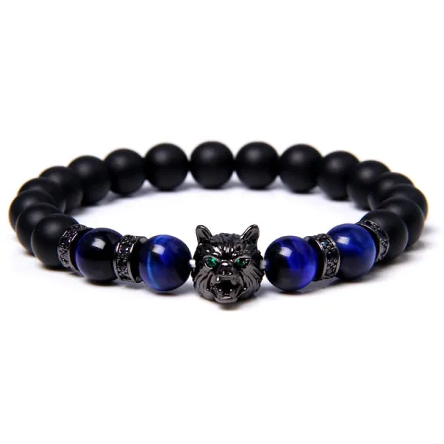 New Handmade 8mm Beaded Bracelet Men Natural Stone Blue Tiger Eye Beads Bracelet Black Wolf Head Charm Energy Bracelet Jewelry