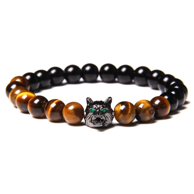 New Handmade 8mm Beaded Bracelet Men Natural Stone Blue Tiger Eye Beads Bracelet Black Wolf Head Charm Energy Bracelet Jewelry