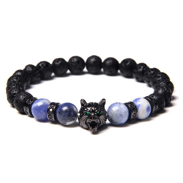 New Handmade 8mm Beaded Bracelet Men Natural Stone Blue Tiger Eye Beads Bracelet Black Wolf Head Charm Energy Bracelet Jewelry
