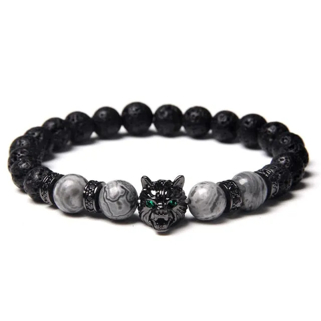 New Handmade 8mm Beaded Bracelet Men Natural Stone Blue Tiger Eye Beads Bracelet Black Wolf Head Charm Energy Bracelet Jewelry