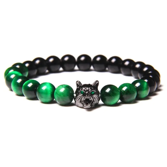 New Handmade 8mm Beaded Bracelet Men Natural Stone Blue Tiger Eye Beads Bracelet Black Wolf Head Charm Energy Bracelet Jewelry