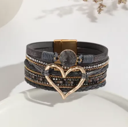 NEW Metal Love Heart Charm Leather Bracelets for Women Bohemian Rhinestone Resin Wrap Bracelet Couple Jewelry New Fashion, Black