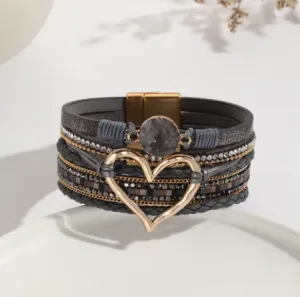 NEW Metal Love Heart Charm Leather Bracelets for Women Bohemian Rhinestone Resin Wrap Bracelet Couple Jewelry New Fashion, Black