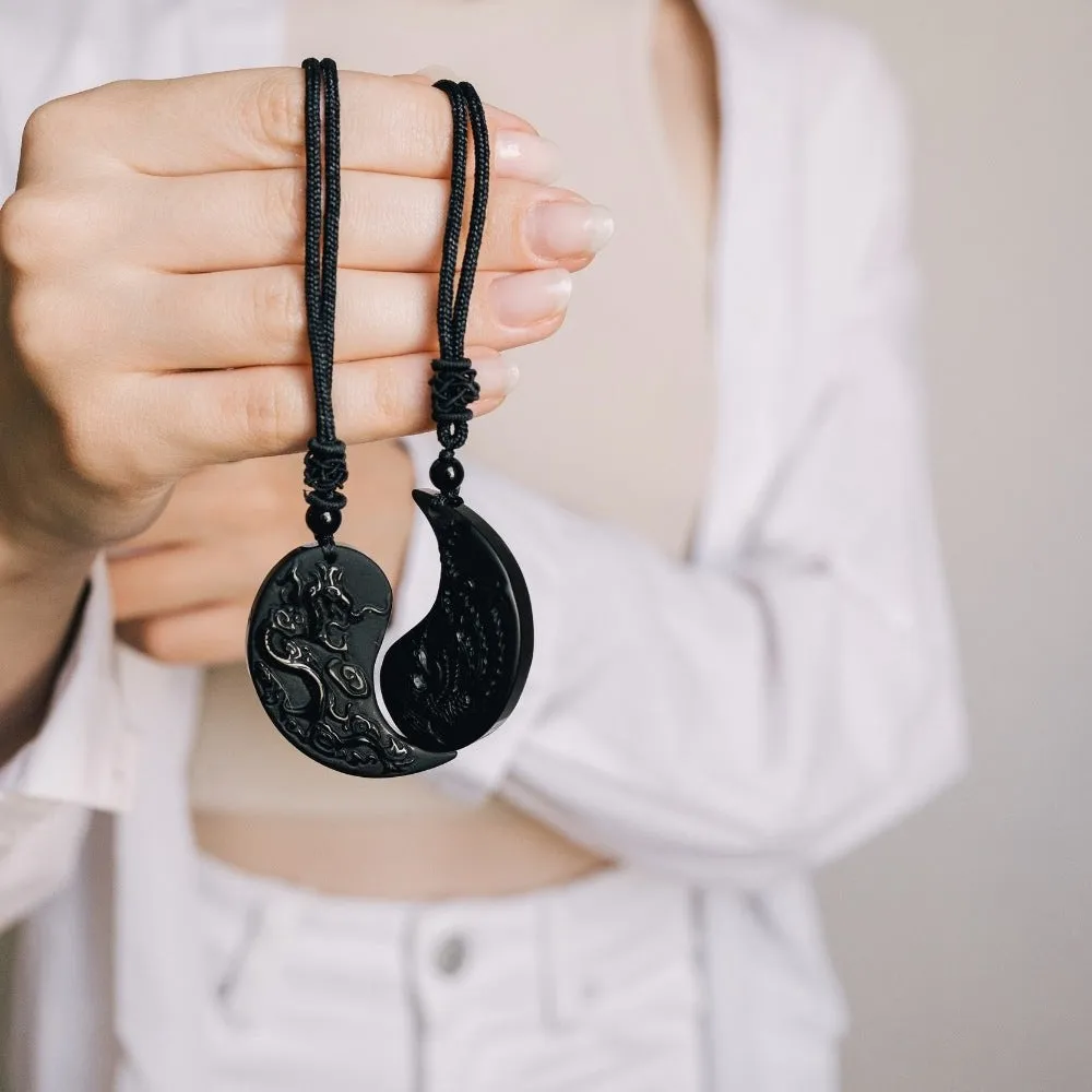 Obsidian Ying Yang Couple Matching Necklaces