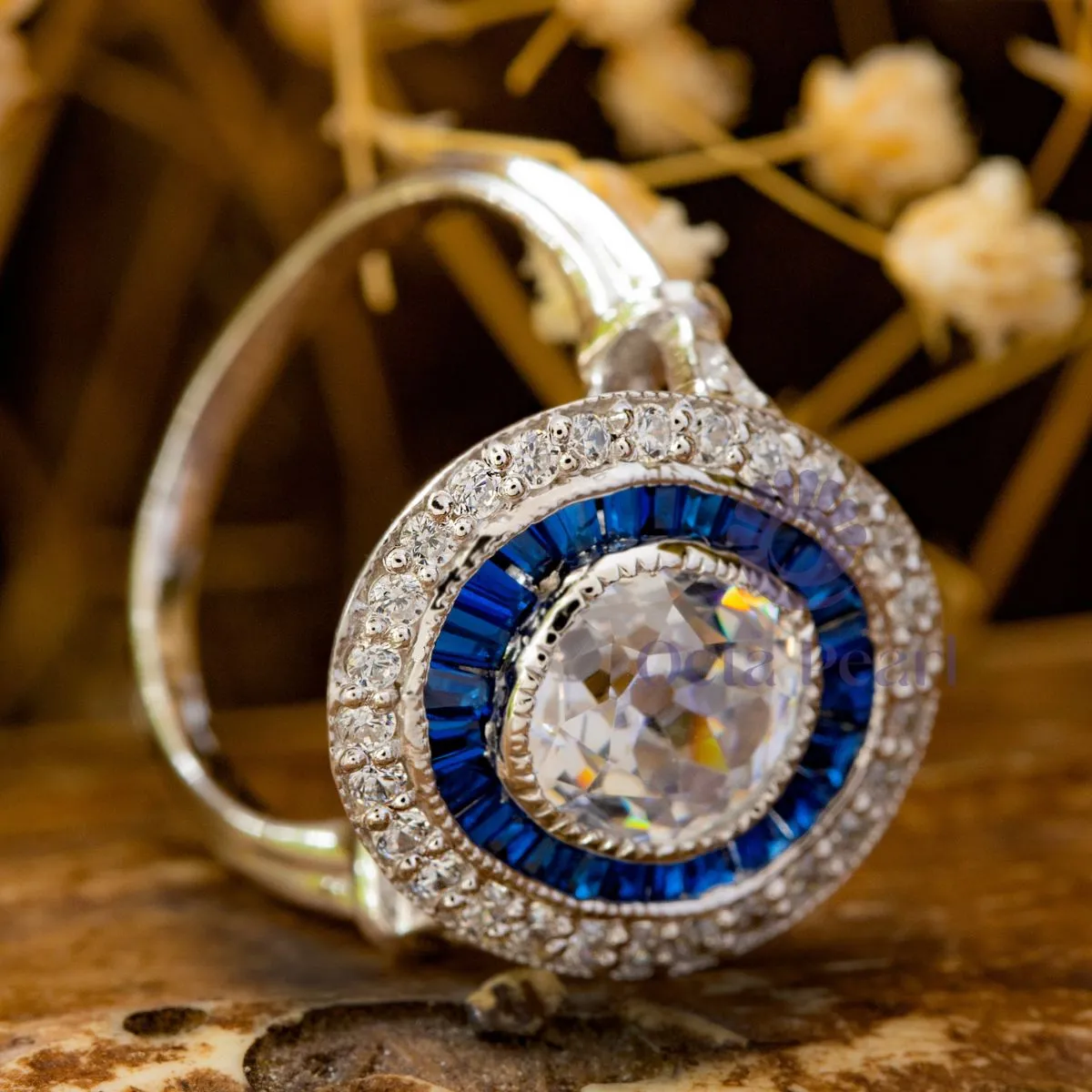 Old Mine Cut CZ Stone Double Halo Art Deco Ring