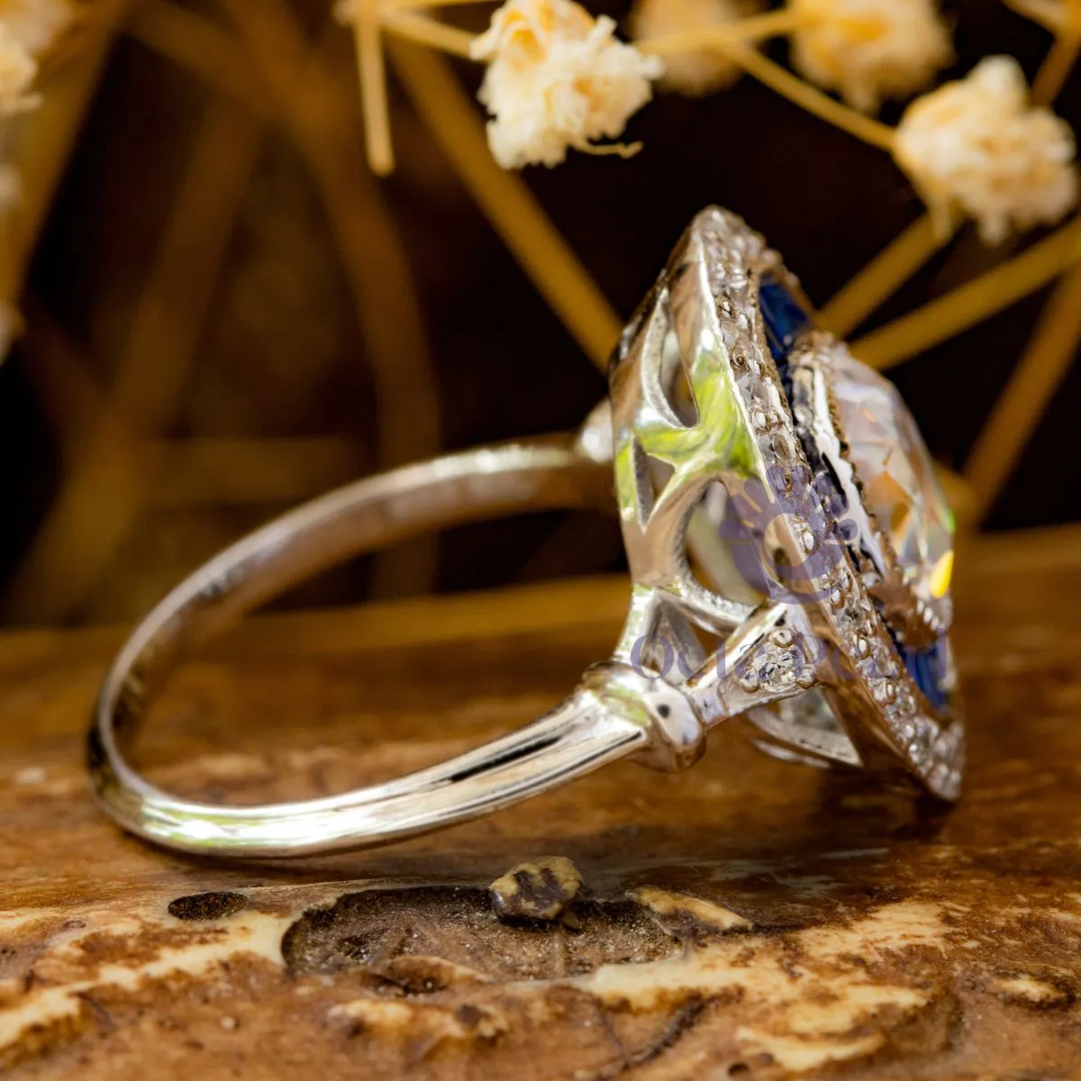 Old Mine Cut CZ Stone Double Halo Art Deco Ring