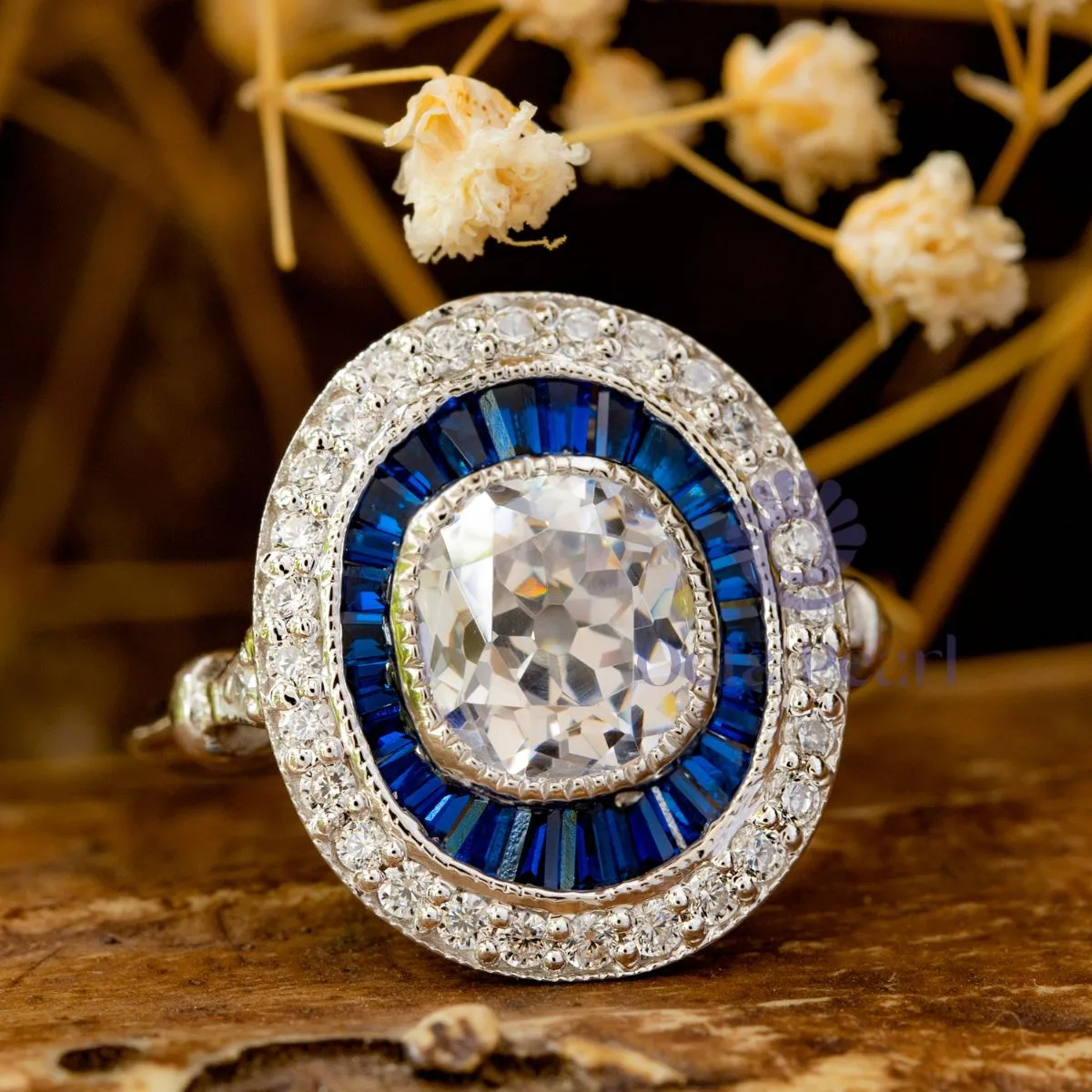 Old Mine Cut CZ Stone Double Halo Art Deco Ring