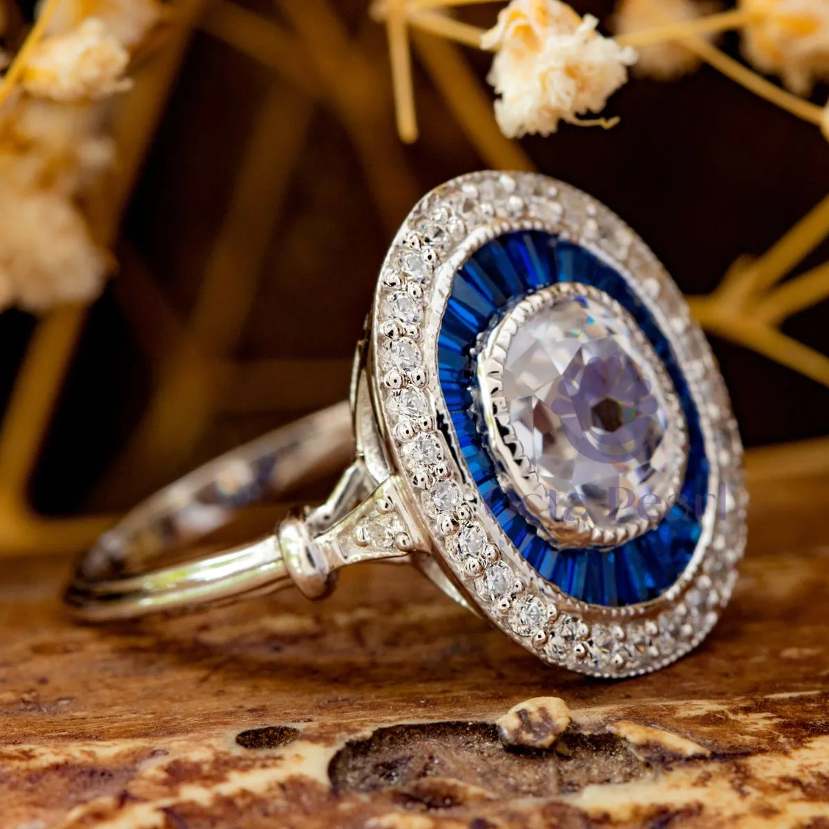 Old Mine Cut CZ Stone Double Halo Art Deco Ring