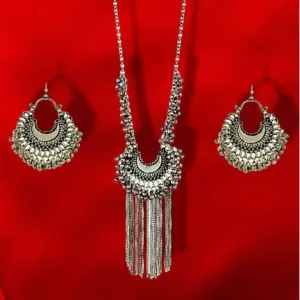 Oxidised Silver Half Moon Necklace With Jhumki