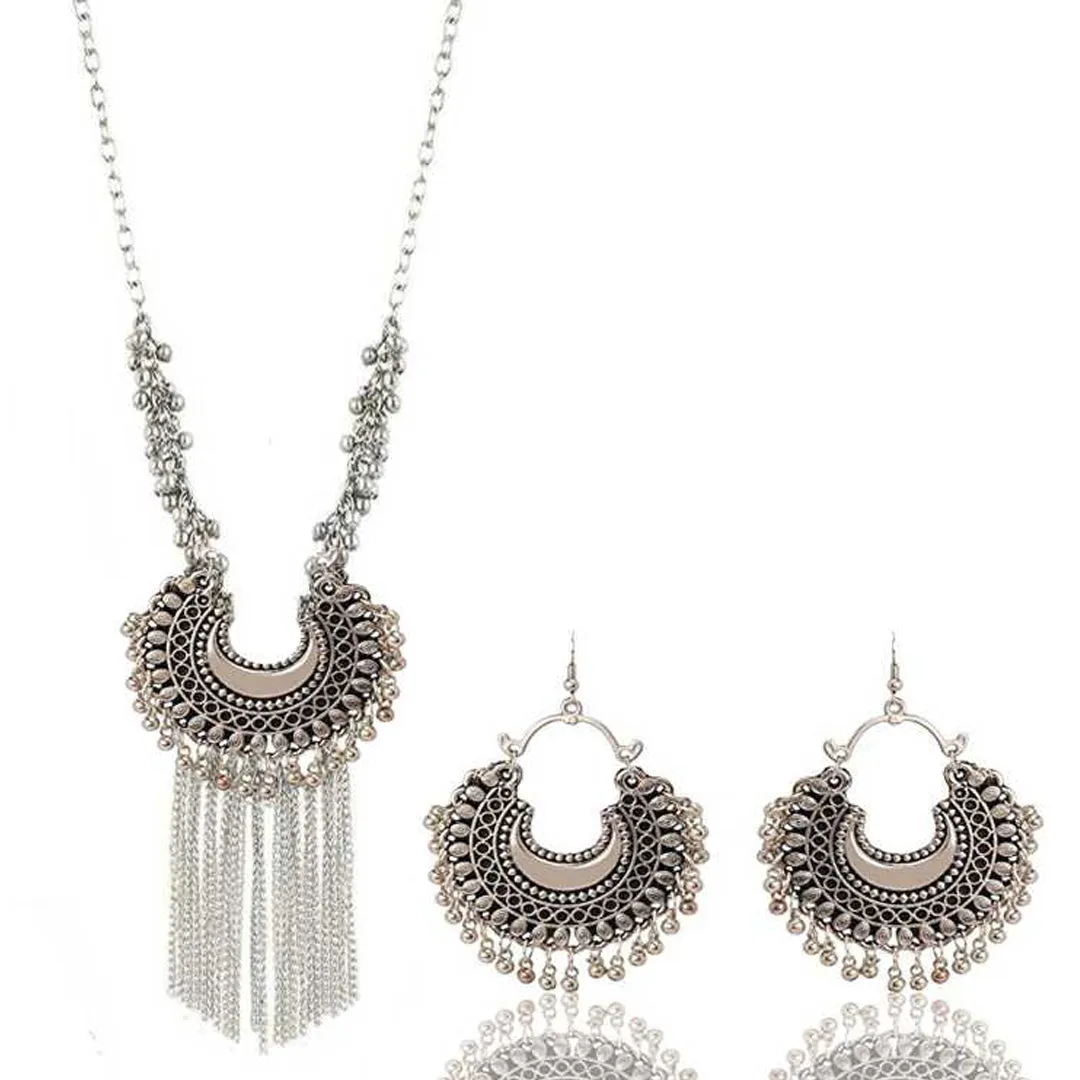 Oxidised Silver Half Moon Necklace With Jhumki