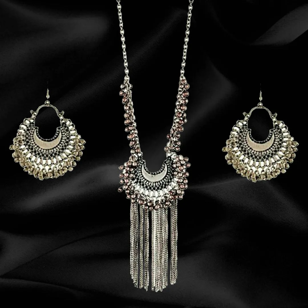 Oxidised Silver Half Moon Necklace With Jhumki
