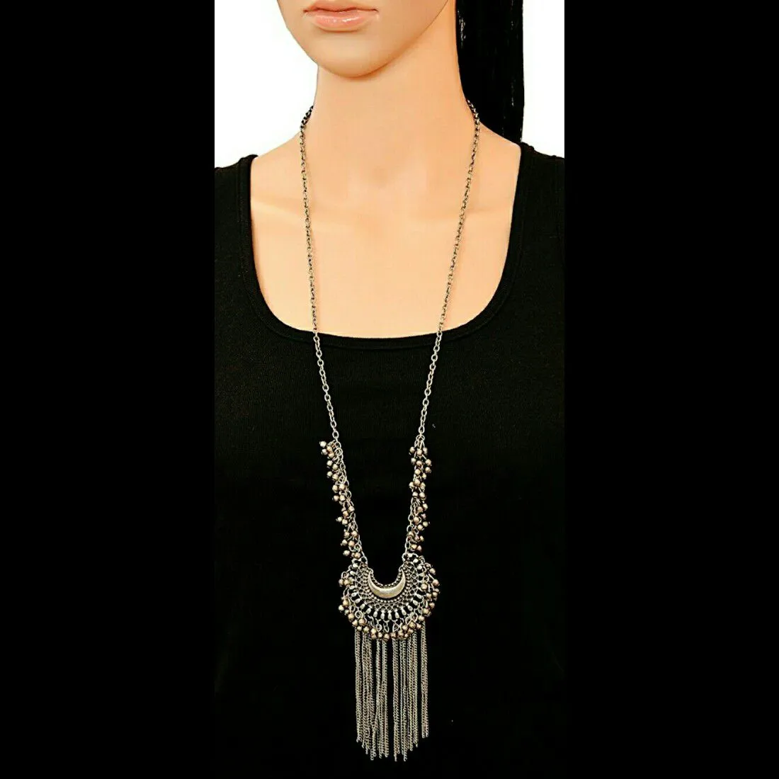 Oxidised Silver Half Moon Necklace With Jhumki