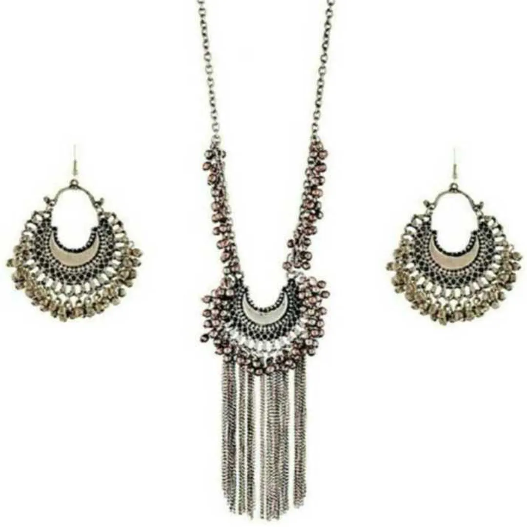 Oxidised Silver Half Moon Necklace With Jhumki