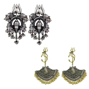 Pack of 2 Lord Ganesha And Om Trishul Drop Earrings