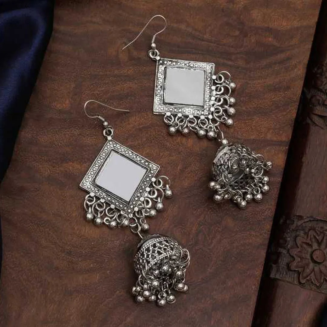 Pack of 2 Oxidized Silver Half Moon and Mirror Jhumki