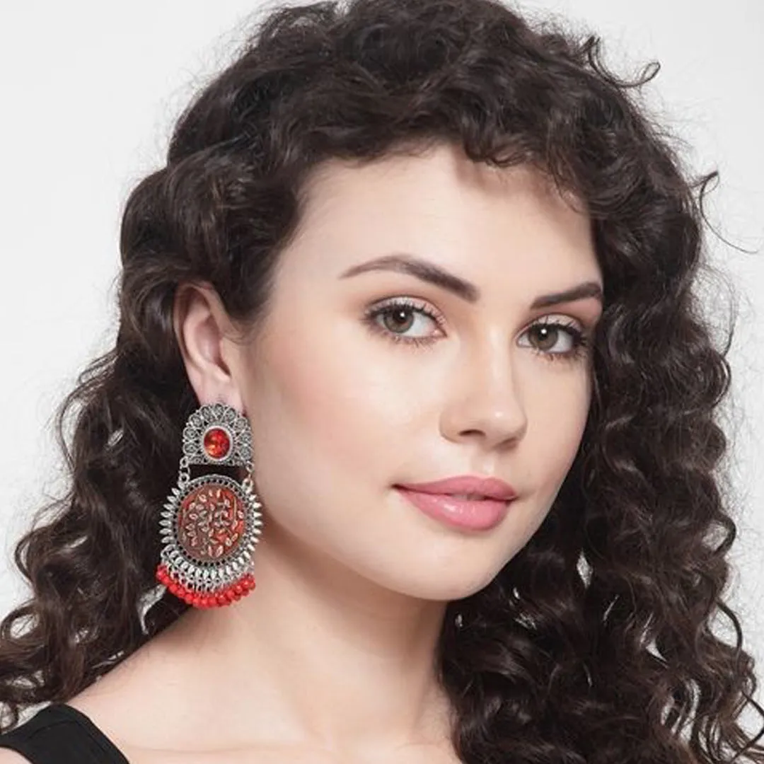 Pack of 2 Oxidized Silver Red and Black Beads Hanging Earrings