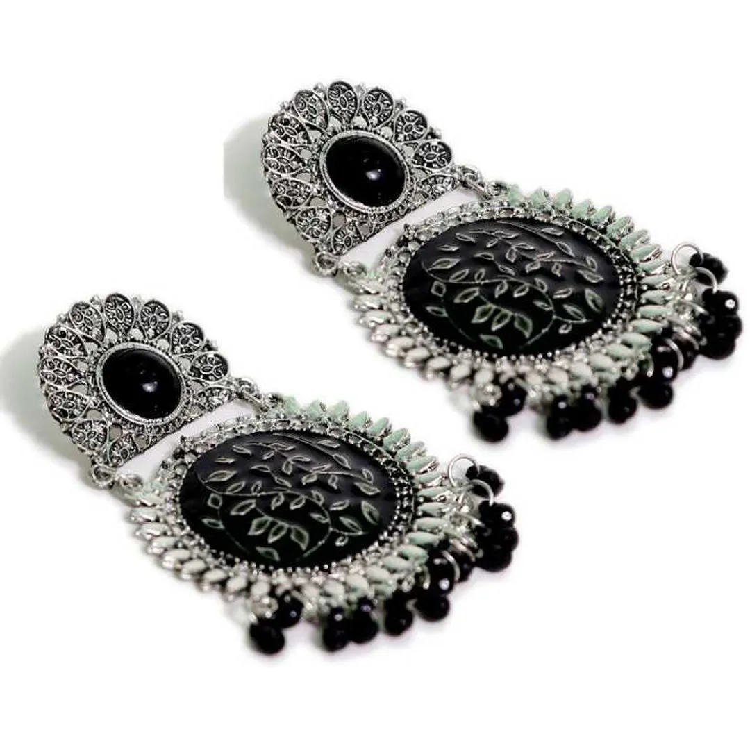 Pack of 2 Oxidized Silver Red and Black Beads Hanging Earrings