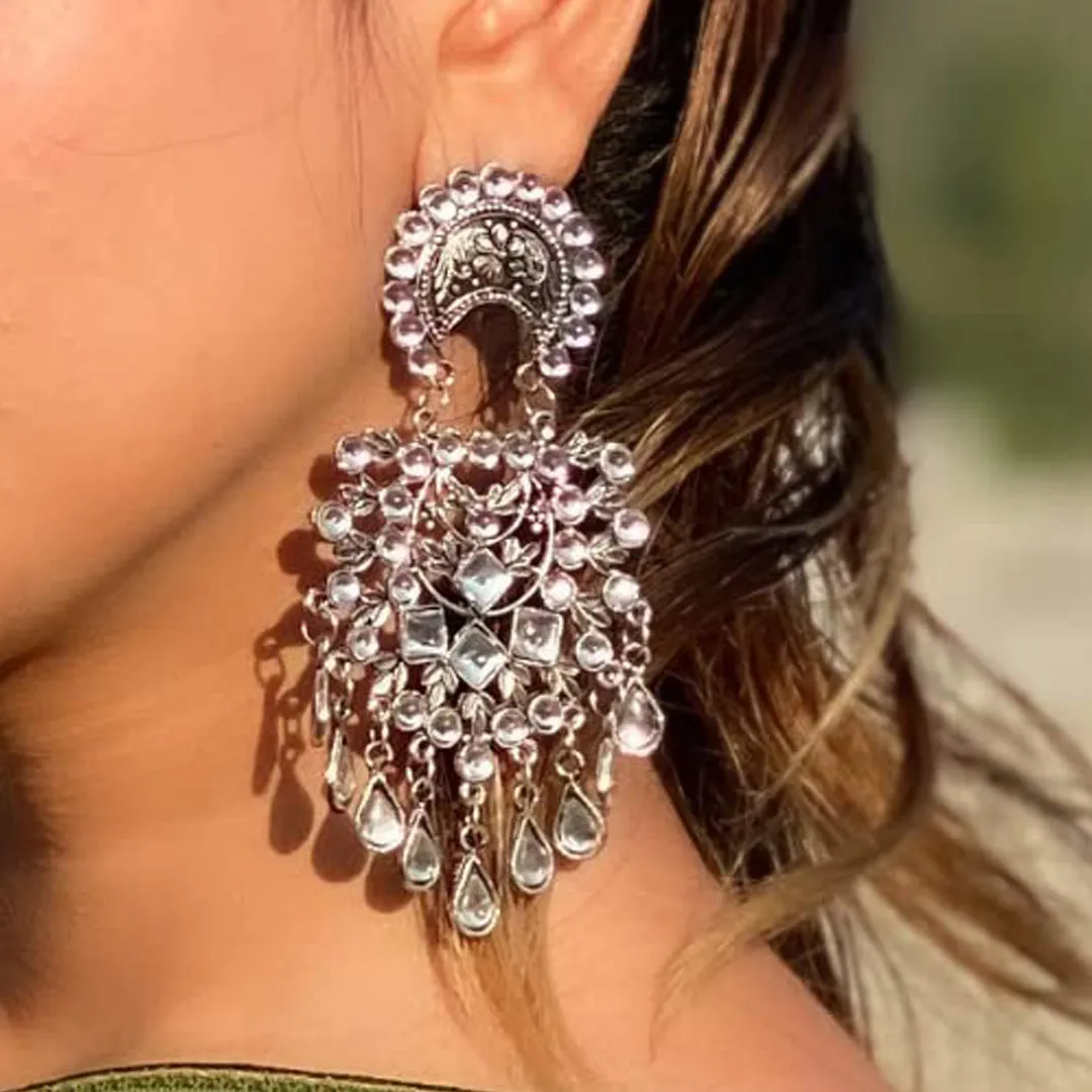 Pack of 2 Silver Kundan Ghungroo Drop Earrings
