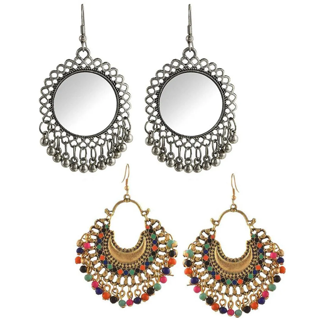 Pack of 2 Silver Mirror And Golden Multicolor Beads Jhumki