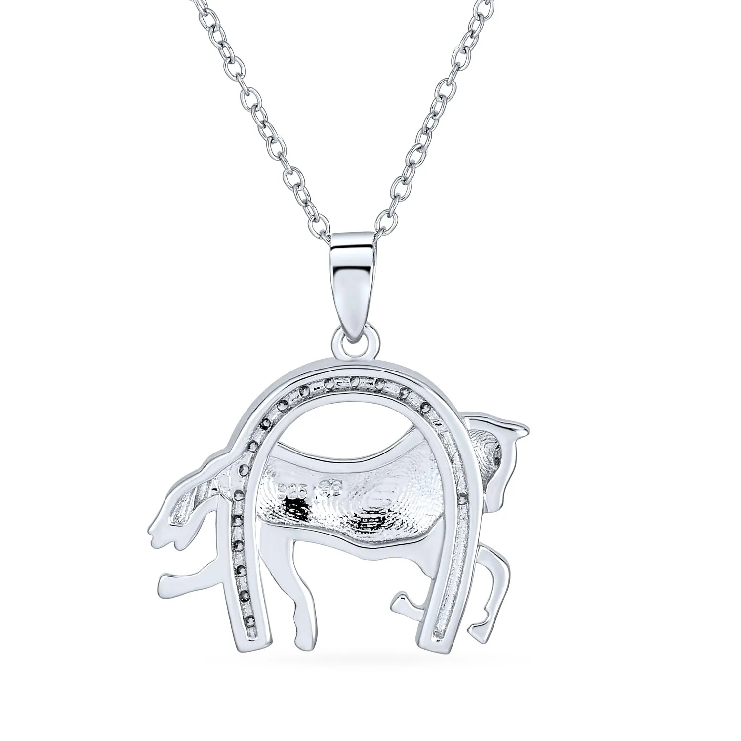 Pave CZ Horse Pendant Necklace with Horseshoe Western Jewelry in Sterling Silver