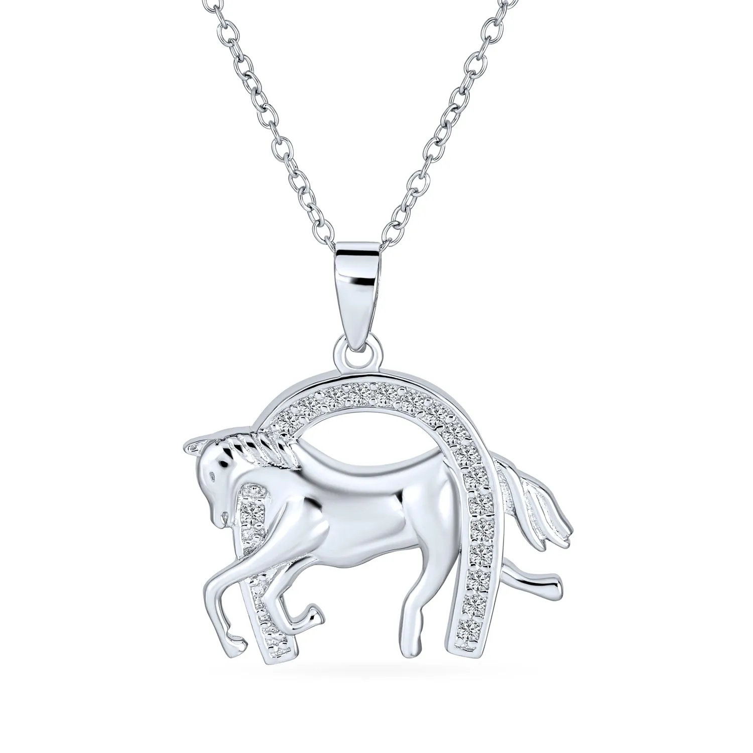 Pave CZ Horse Pendant Necklace with Horseshoe Western Jewelry in Sterling Silver