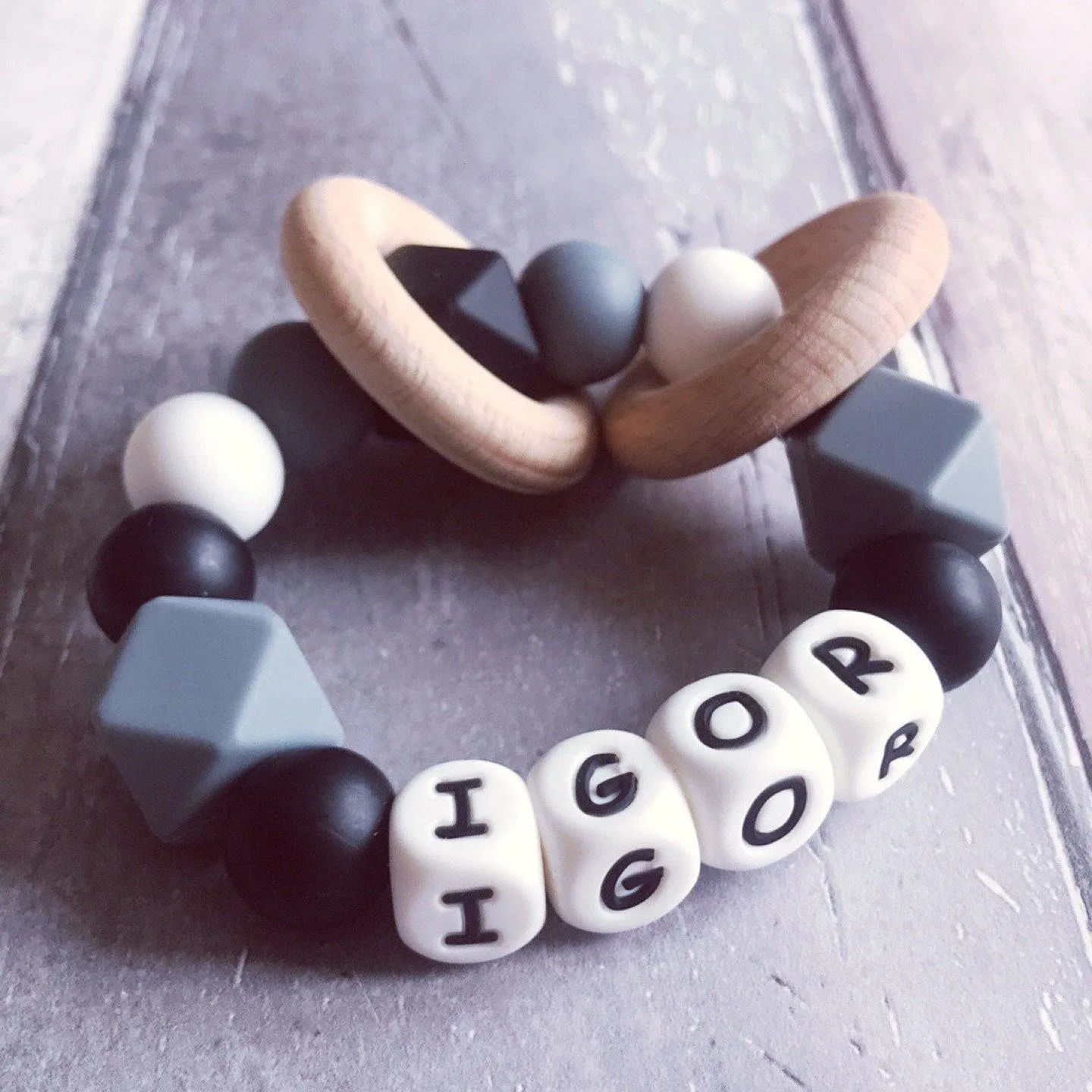 Personalised Silicone Teething Ring - Black/Grey
