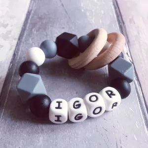 Personalised Silicone Teething Ring - Black/Grey