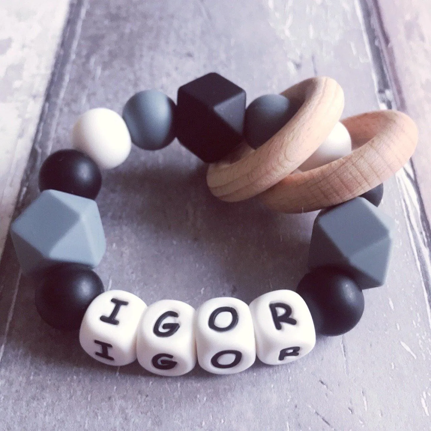 Personalised Silicone Teething Ring - Black/Grey