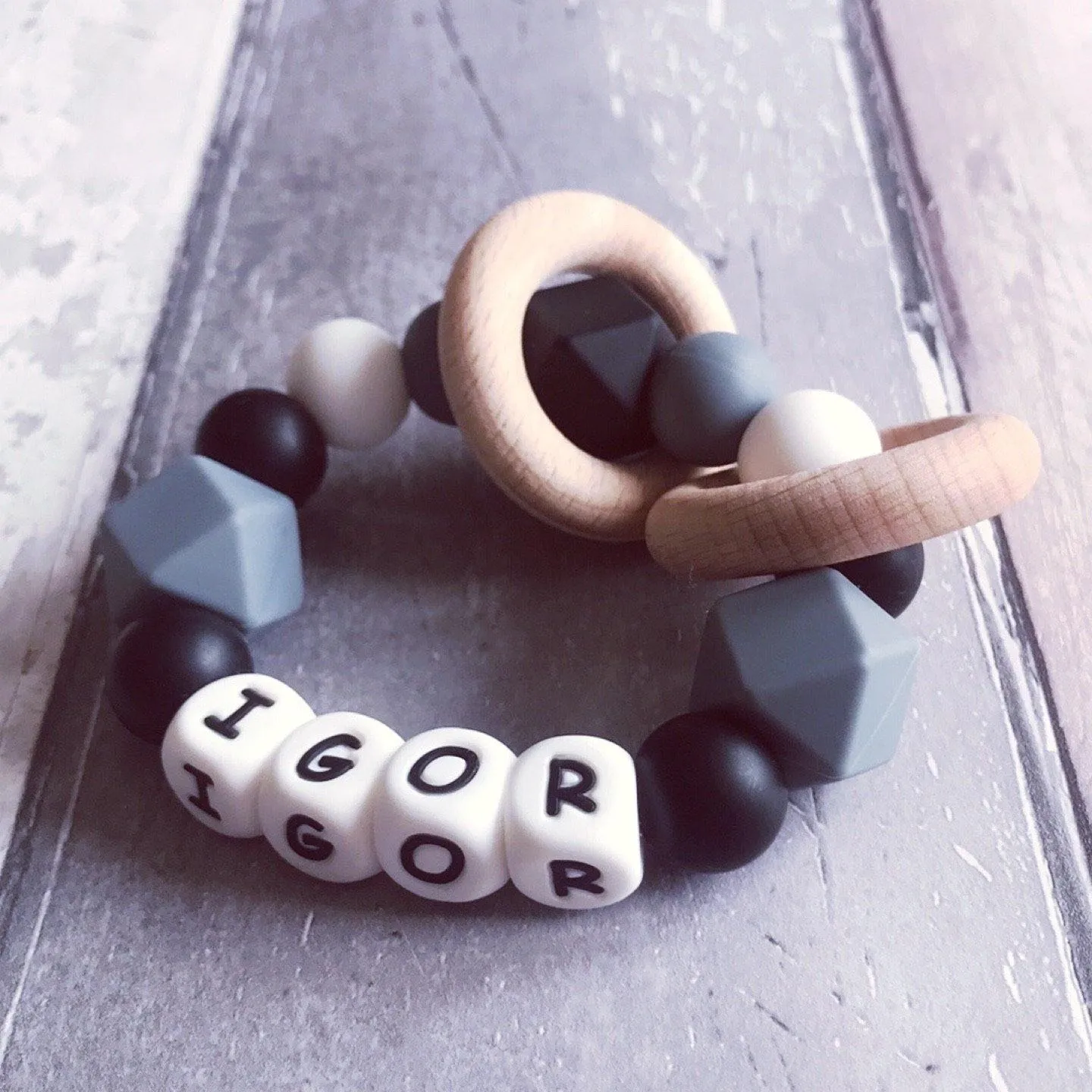 Personalised Silicone Teething Ring - Black/Grey