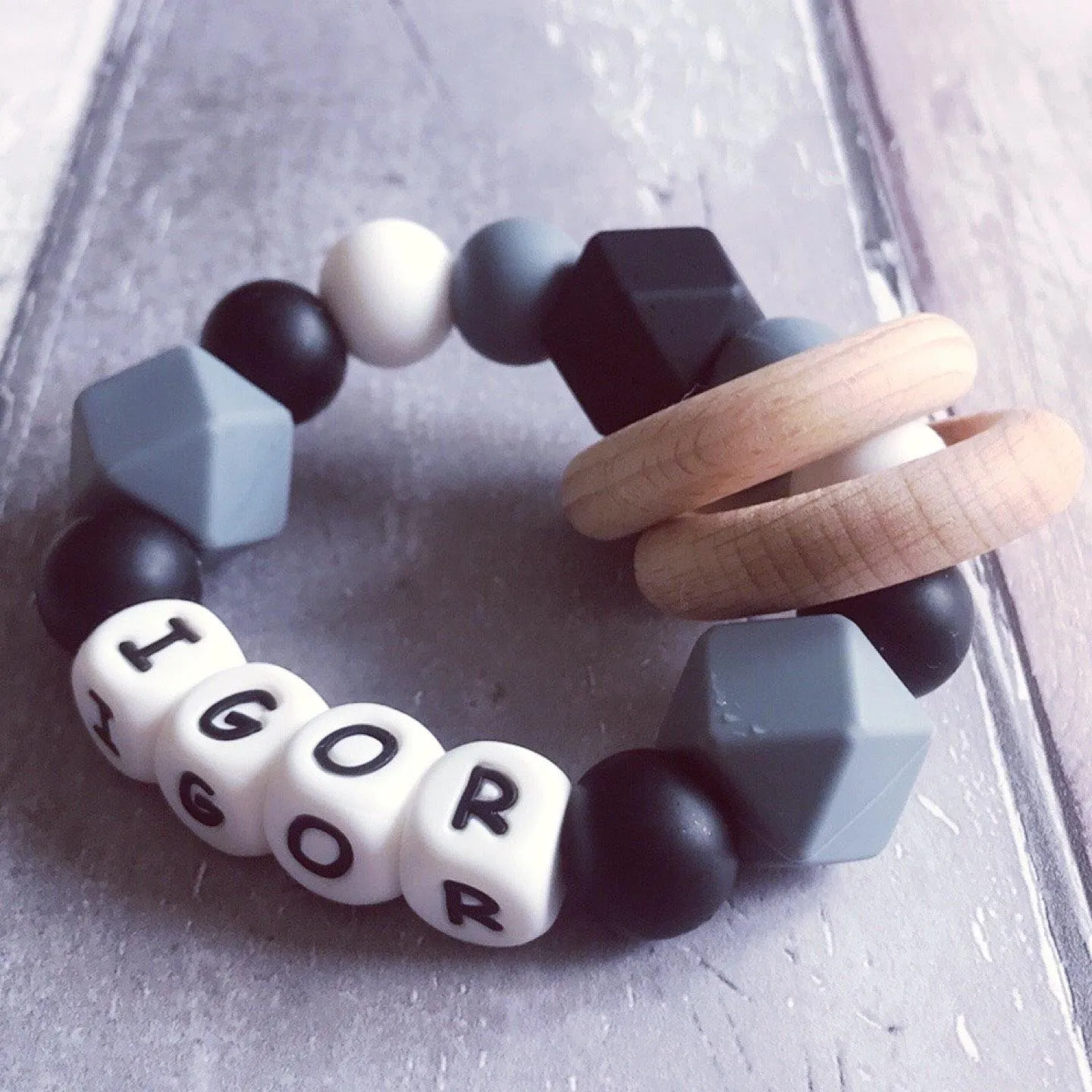 Personalised Silicone Teething Ring - Black/Grey