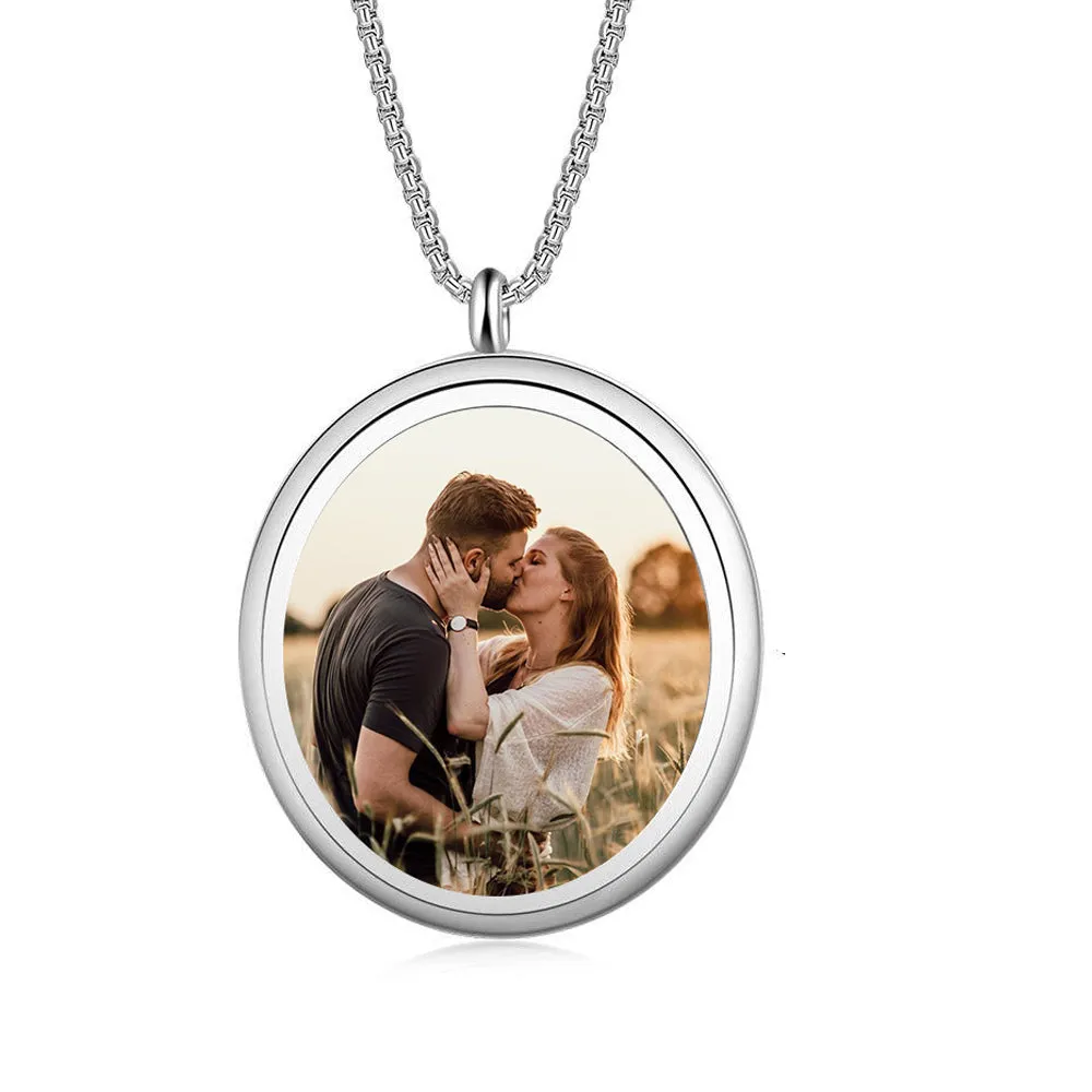 Personalized Photo Pendant Necklace Engraved Names Snake Chain