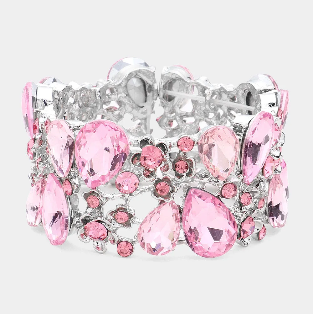 Pink Crystal Teardrop Floral Stretch Bracelet   |  624254