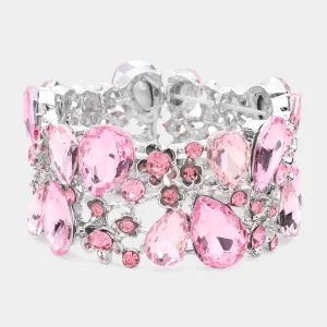 Pink Crystal Teardrop Floral Stretch Bracelet   |  624254