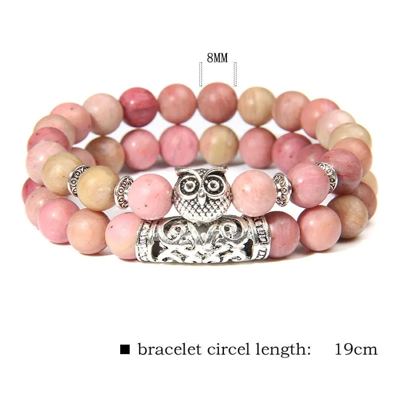 Pink Owl Charm Zebra Stone Beads Bracelet Women Fashion