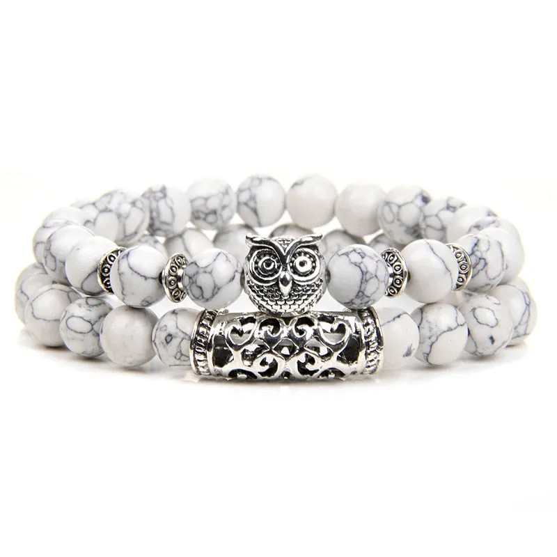 Pink Owl Charm Zebra Stone Beads Bracelet Women Fashion