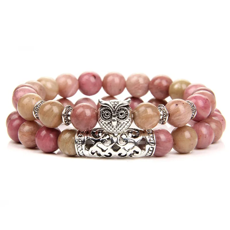 Pink Owl Charm Zebra Stone Beads Bracelet Women Fashion