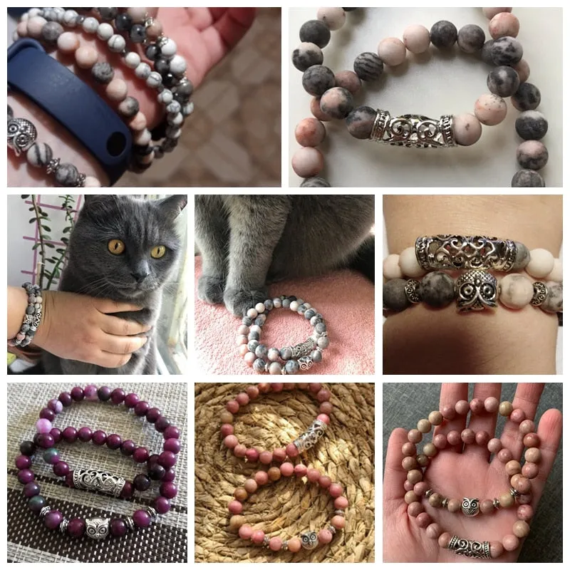 Pink Owl Charm Zebra Stone Beads Bracelet Women Fashion