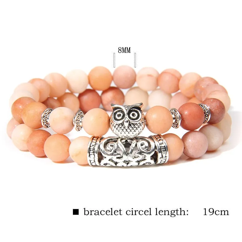 Pink Owl Charm Zebra Stone Beads Bracelet Women Fashion