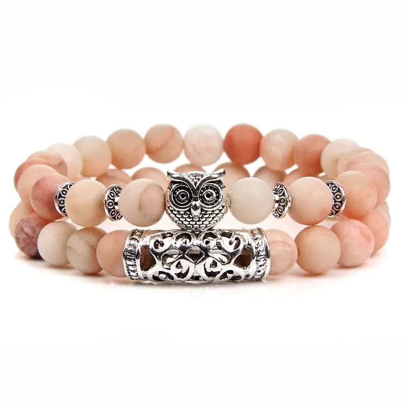 Pink Owl Charm Zebra Stone Beads Bracelet Women Fashion