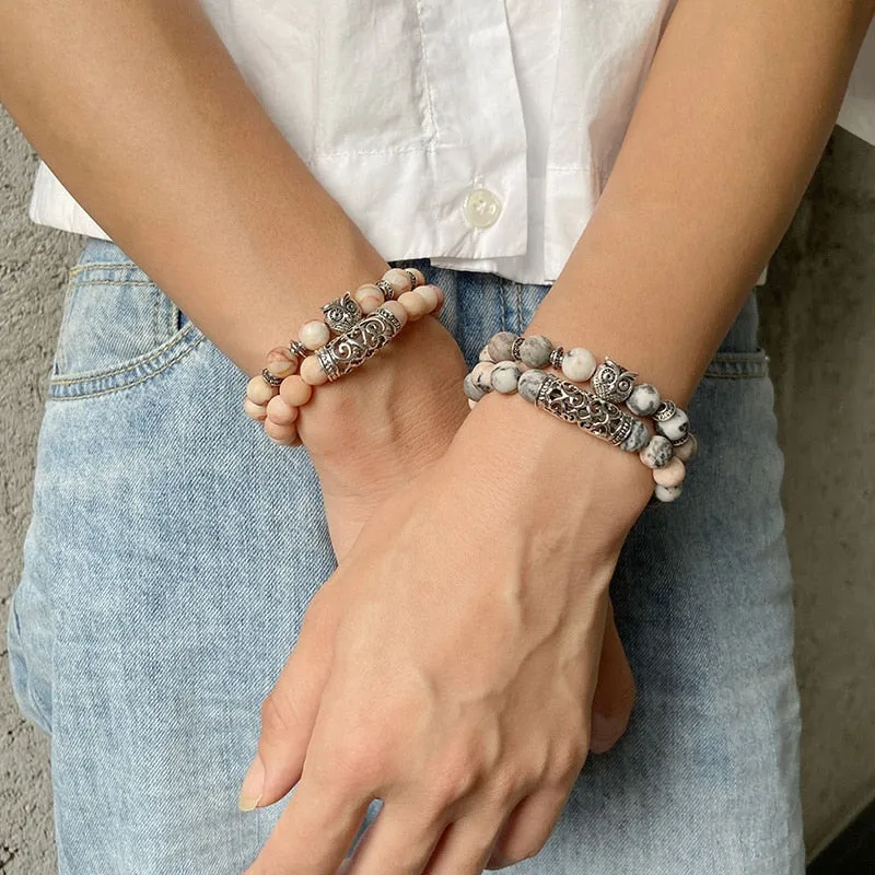 Pink Owl Charm Zebra Stone Beads Bracelet Women Fashion