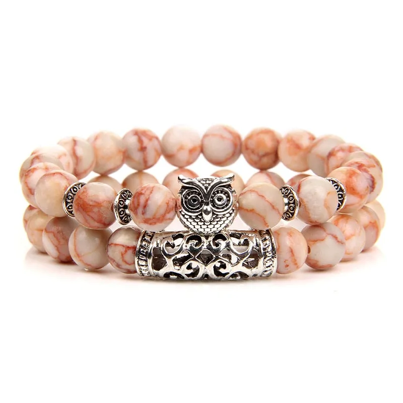 Pink Owl Charm Zebra Stone Beads Bracelet Women Fashion