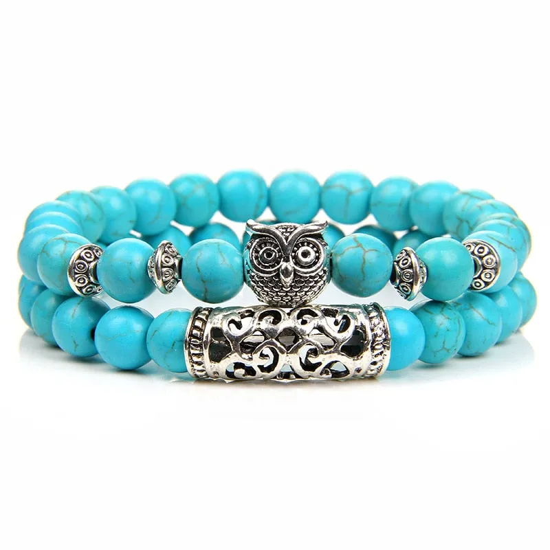 Pink Owl Charm Zebra Stone Beads Bracelet Women Fashion