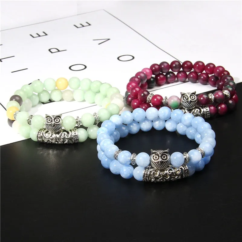 Pink Owl Charm Zebra Stone Beads Bracelet Women Fashion