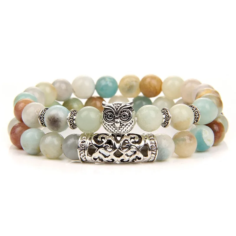 Pink Owl Charm Zebra Stone Beads Bracelet Women Fashion