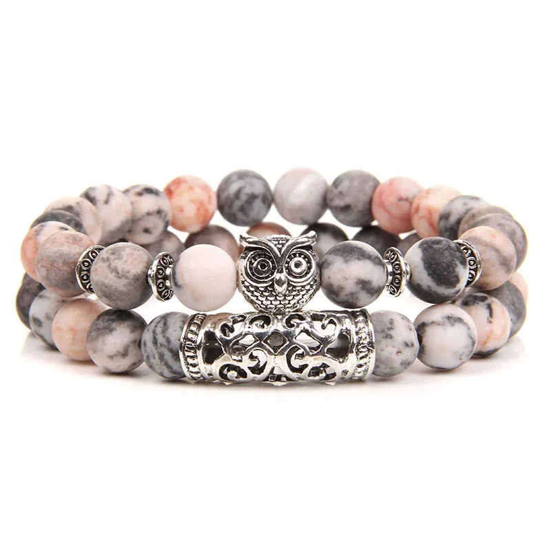 Pink Owl Charm Zebra Stone Beads Bracelet Women Fashion