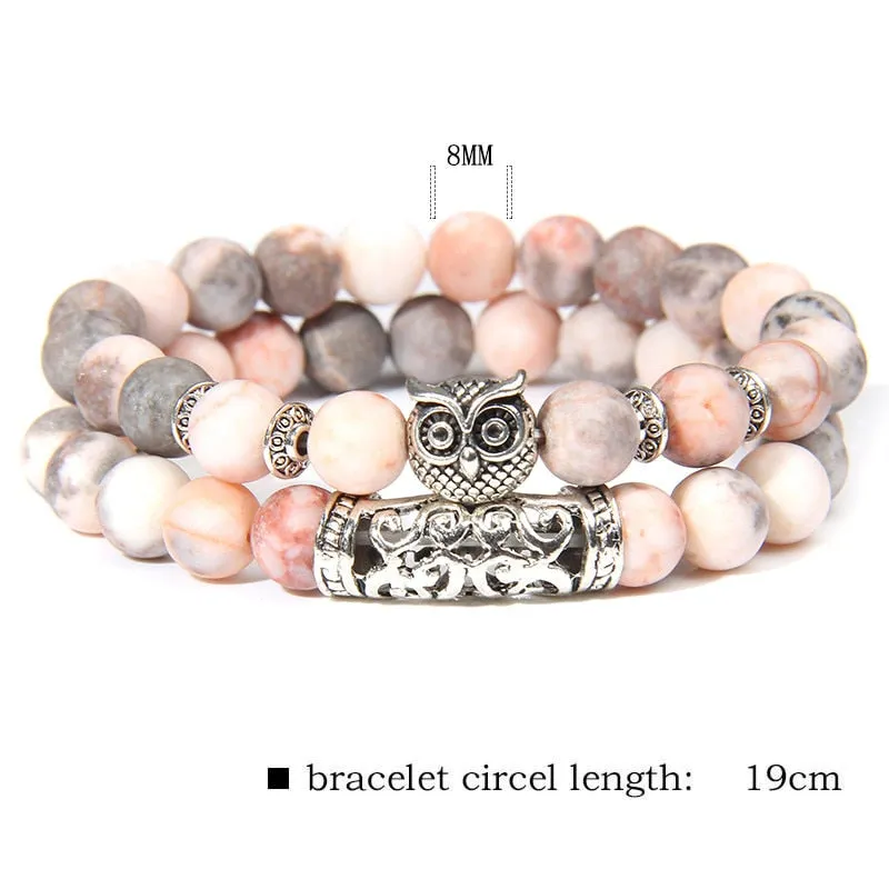 Pink Owl Charm Zebra Stone Beads Bracelet Women Fashion