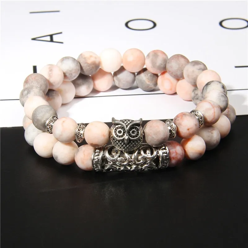 Pink Owl Charm Zebra Stone Beads Bracelet Women Fashion