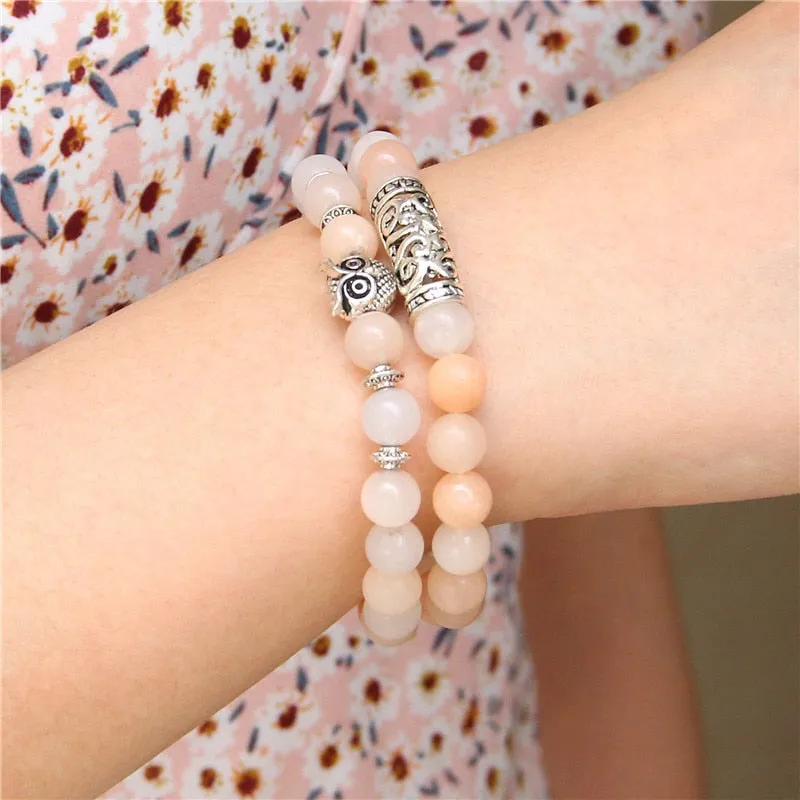 Pink Owl Charm Zebra Stone Beads Bracelet Women Fashion